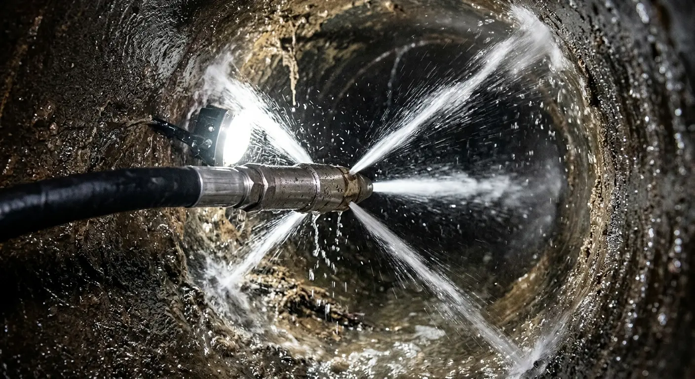 High-pressure hydro jetting nozzle cleaning sewer pipe for Trenchless Sewer Repair in Olympia