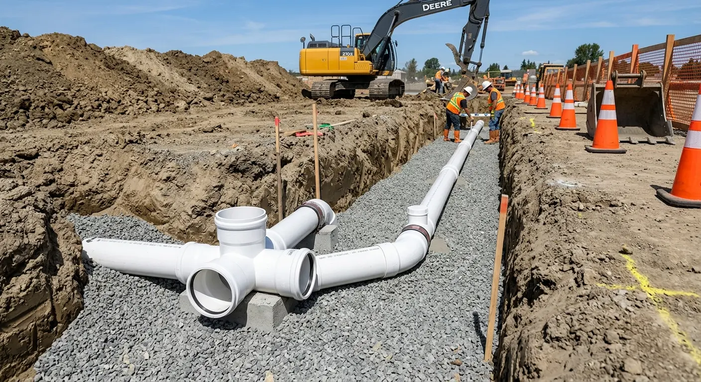 New PVC sewer pipe installation in open trench for Grease Trap Cleaning in Olympia