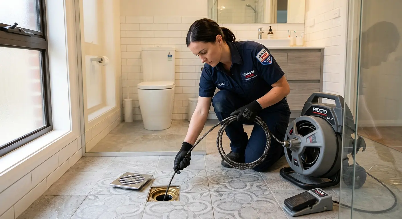 Technician clearing a bathroom floor drain for Drain Cleaning in Olympia